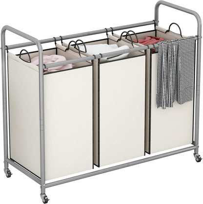 LINZINAR 3 Section Laundry Hamper, Black Laundry Basket 135L Laundry Sorter | Laundry Room Organization with Heavy Duty Rolling Lockable Wheels and Removable Bag, Bedroom Laundry Cart for Clothes Storage