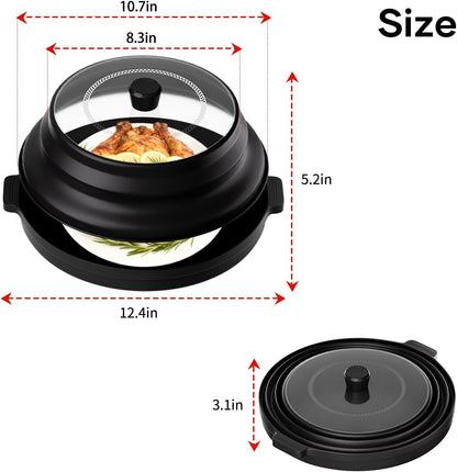 2 in 1 Microwave Splatter Cover for Food with Anti-scald Base Plate, Large Plastic & Silicone Collapsible Vented Food Guard Lid, Plate Holder & Kitchen Colander (Black)