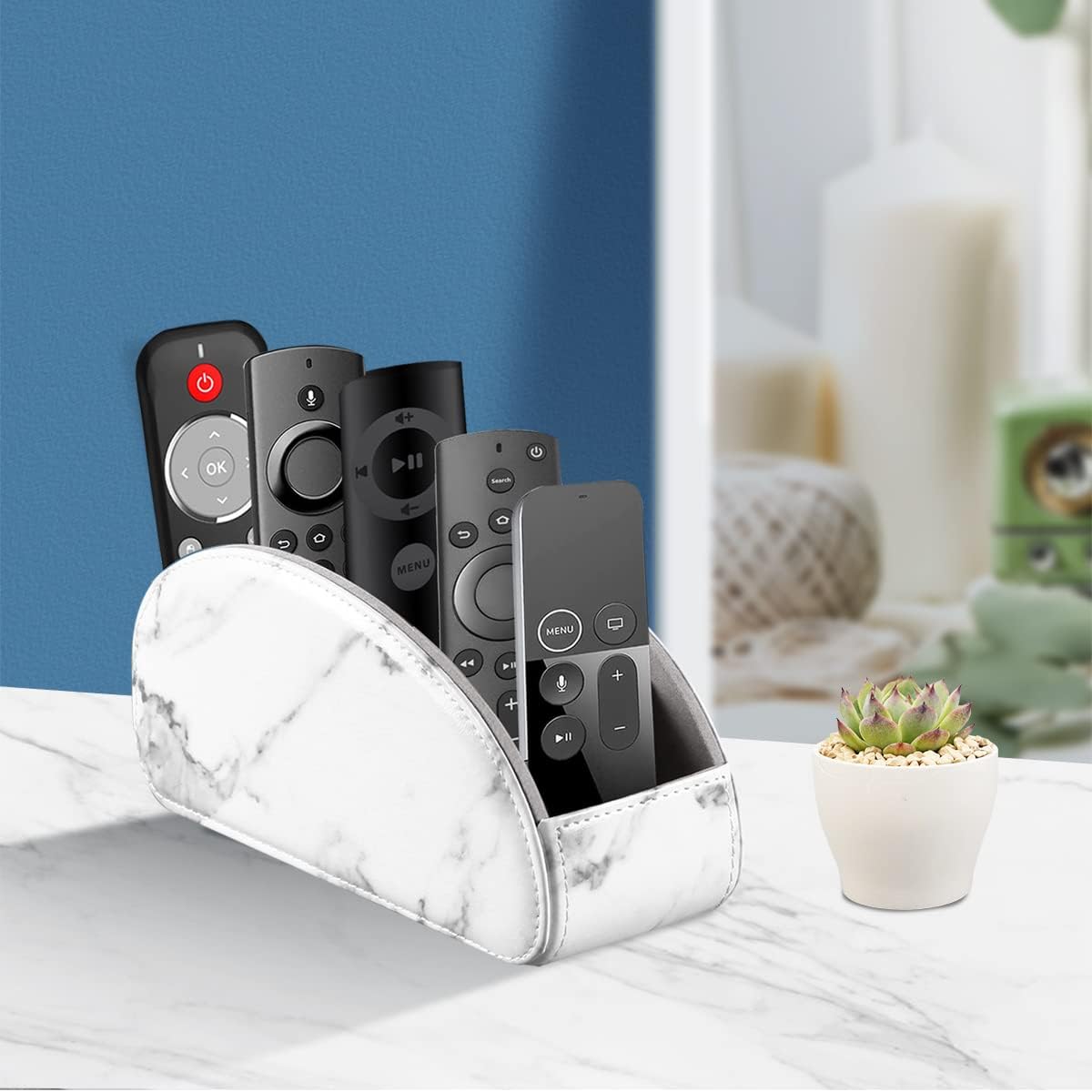 Pu Leather TV Remote Control Holder with 5 Compartments,Remote Caddy/Tray | Bedside Table Desk Storage Box/Organizer for Pen,DVD,Blu-Ray,Media Player,Heater Controller,Cosmetics,Glasses,Office Supplies