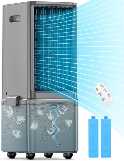 Portable Air Conditioners 4 Modes&3 Speeds,4 Ice Packs, Waterless Alert System, 12H Timer, Remote,1 Gal Detachable Water Tank, 70°Oscillation Windowless Evaporative Air Cooler for Room Office
