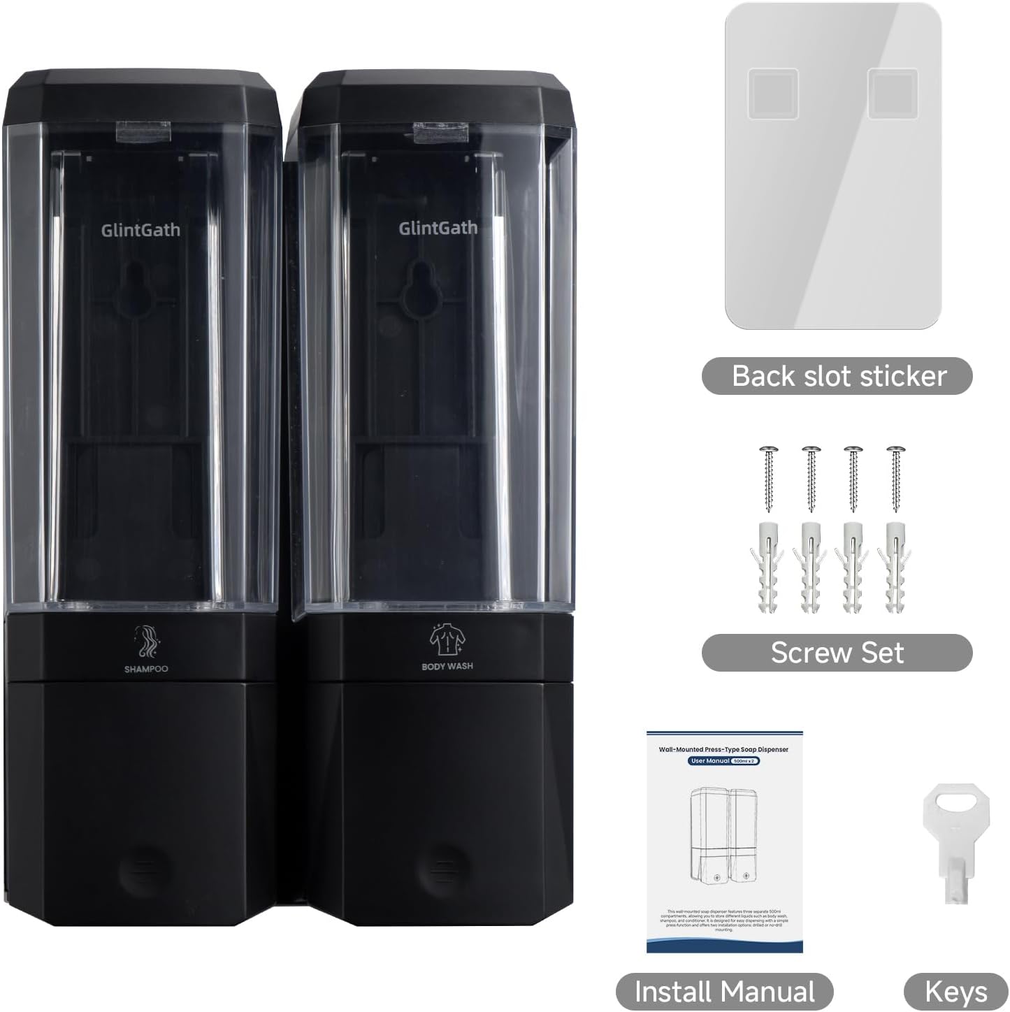 GlintGath Shower Dispenser 3 Chamber No Drill Wall Mounted Shampoo Conditioner Body Wash Dispenser, Large Capacity 1500ML, Black