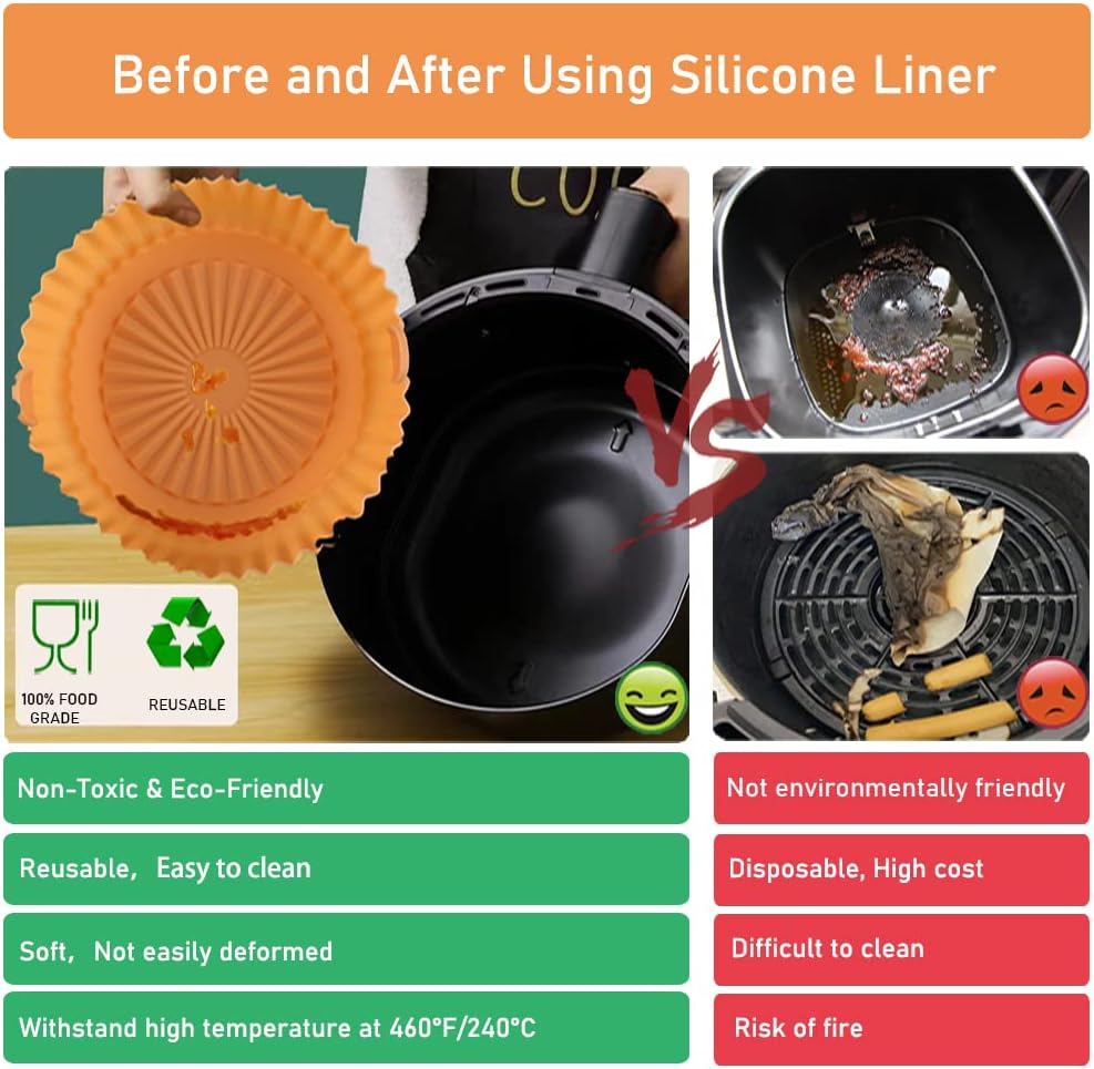 2QT Air Fryer Silicone Liners,Small Air Fryer Liners 2 Pack, Reusable Air Fryer Silicone Liner for 2QT Air Fryer, Flammable Parchment Liner Replacement.(Blue Orange)