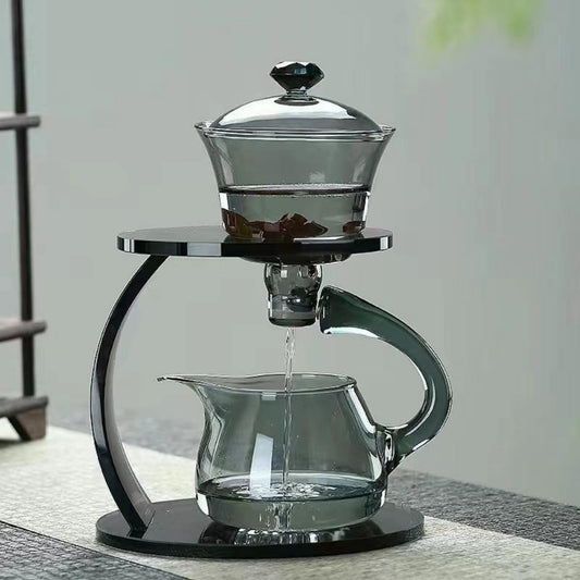 Glass Teapot Set Semi Automatic Drip Rotating with Infuser Chinese Heat-Resistant Lazy Kungfu Tea Set (Grey)