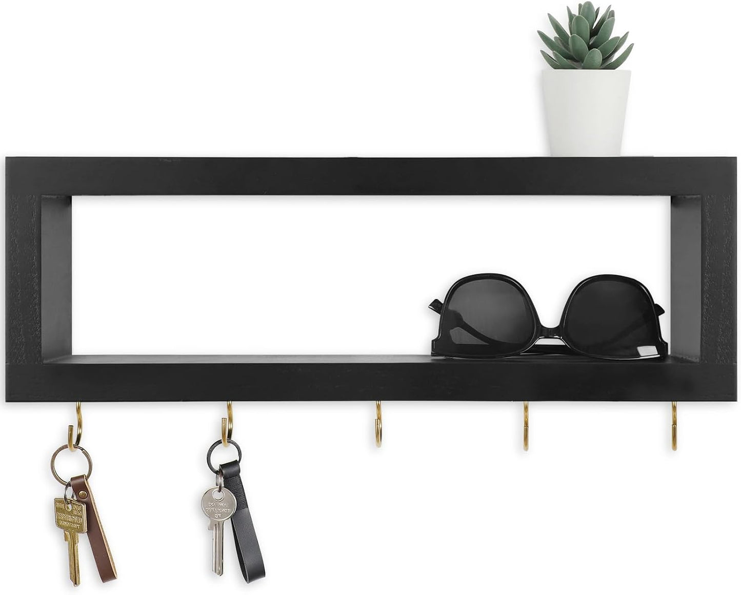 Lwenki Wall Shelf with Hooks - Decorative Key and Wallet Holder for Wall Holds Sunglasses, Leashes, Scarves and Lanyards - 15.7" x 5.1" x 2.9" Entryway Organizer Made of Paulownia Wood (White)