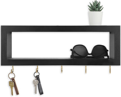 Lwenki Wall Shelf with Hooks - Decorative Key and Wallet Holder for Wall Holds Sunglasses, Leashes, Scarves and Lanyards - 15.7" x 5.1" x 2.9" Entryway Organizer Made of Paulownia Wood (White)