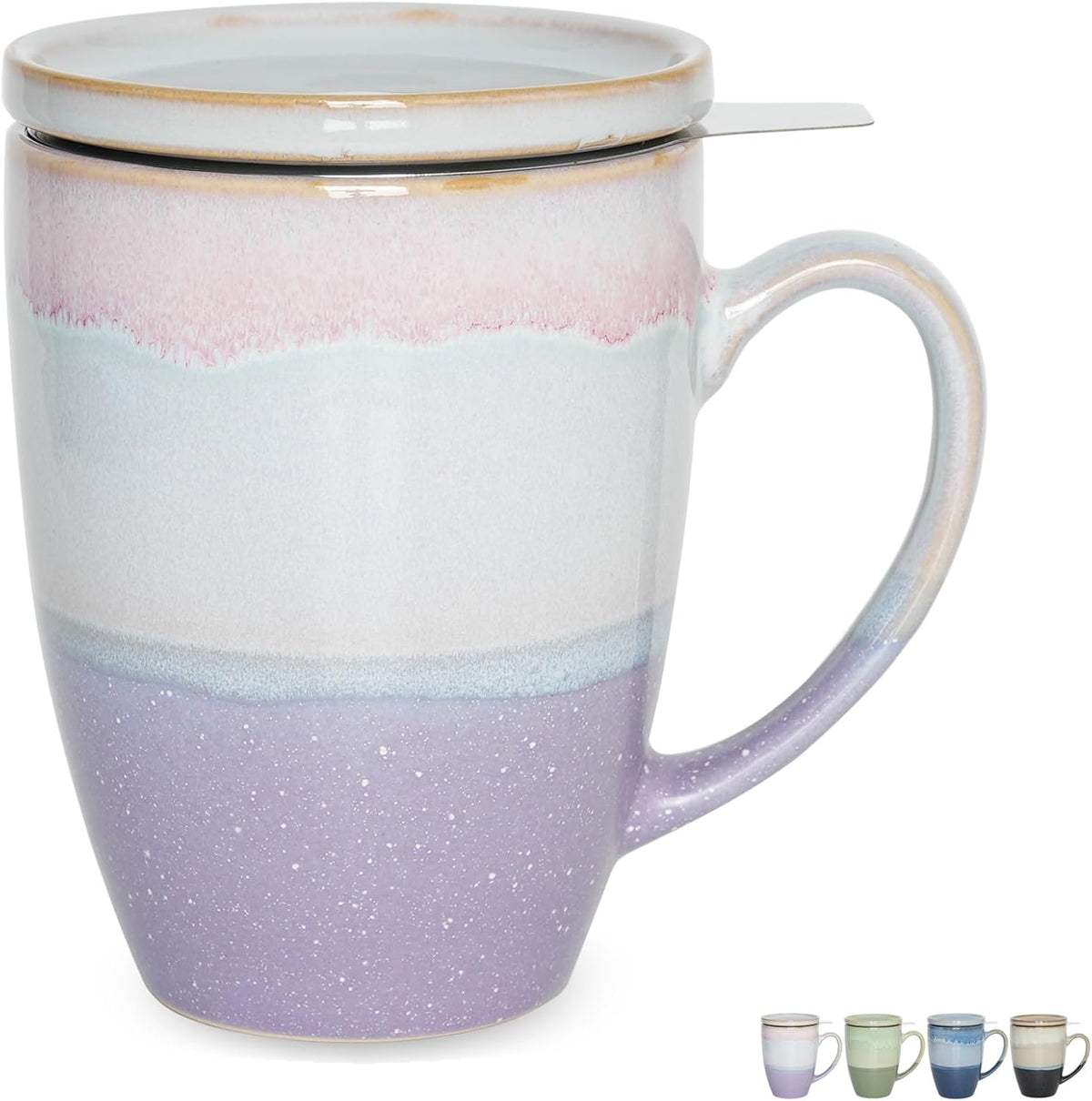 Bosmarlin Ceramic Tea Cup with Infuser and Lid, 13.5 Oz, 4 Colors to Choose, Microwave and Dishwasher Safe, Steeping Tea Mug with Strainer, Reactive Glaze (Purple)
