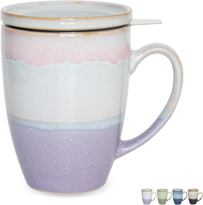 Bosmarlin Ceramic Tea Cup with Infuser and Lid, 13.5 Oz, 4 Colors to Choose, Microwave and Dishwasher Safe, Steeping Tea Mug with Strainer, Reactive Glaze (Purple)