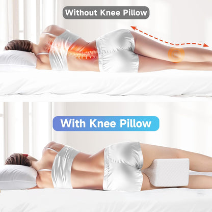 CloudBliss Cooling Gel Knee Pillow for Side Sleepers, Memory Foam, White | Contoured leg pillow, high-density foam, removable machine-washable cover, breathable fabric, hip and knee support