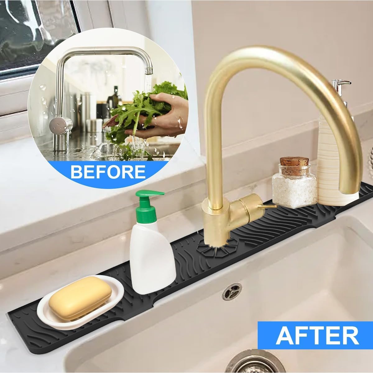 33 Inch sink splash guard Silicone Splash Guard Mat for Faucet, Narrow Edge Water Barrier for Kitchen Sink And Bathroom Washbasin (Black) (Black)
