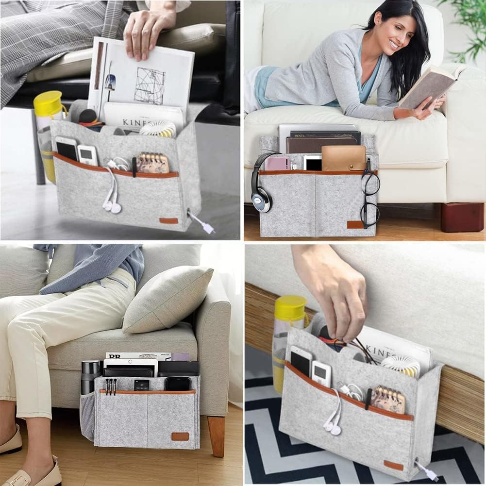 Bedside Caddy, Felt Bedside Storage Organizer, Hanging Storage Bag, Chair Organizer Caddy, Remote, Magazine, Drink Bottle Holder for Hospital, Dorm Bed, Baby Stuff, Office (Light Grey Small)