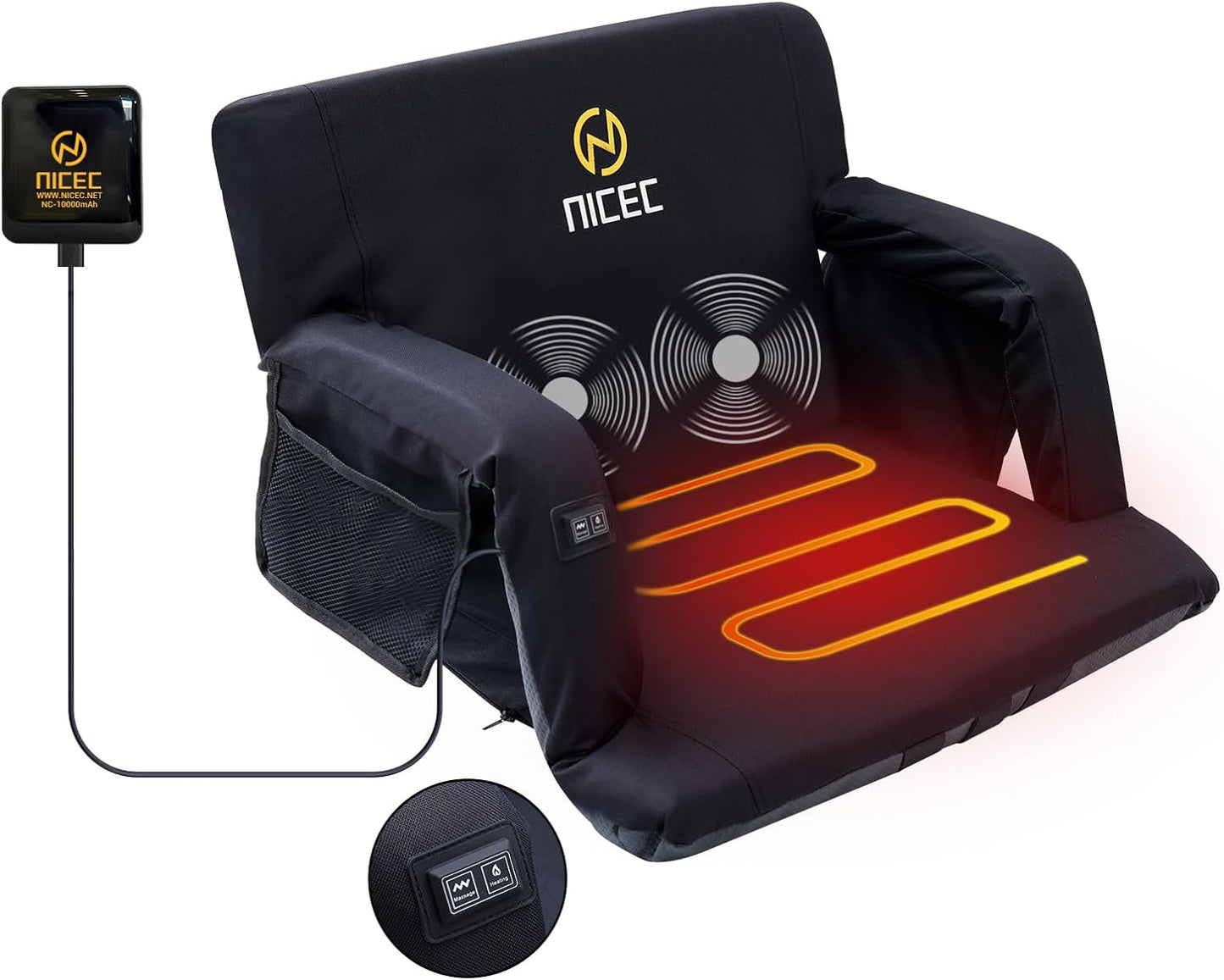 Nice C Heat Massage Stadium Seat, Reclining Bleacher Seat (Regular 1 Pack) | Foldable Floor Arena Chair, Waterproof Stadium Cushion, Thick Padding, Back Support, Shoulder Straps, Side Pockets