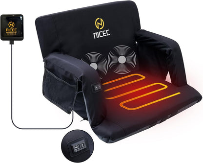 Nice C Heat Massage Stadium Seat, Reclining Bleacher Seat (Regular 1 Pack) | Foldable Floor Arena Chair, Waterproof Stadium Cushion, Thick Padding, Back Support, Shoulder Straps, Side Pockets