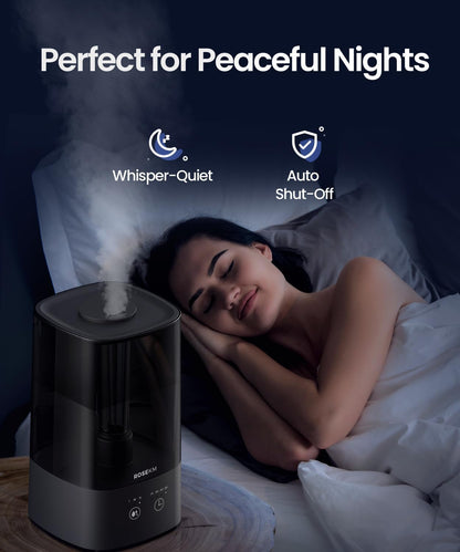 ROSEKM Automatic Humidifiers for Bedroom Large Room, 4.5L Cool Mist Humidifier for Home & Plant with Timer & Humidity Sensor, Last Up to 18H on High Setting, Auto Shut-Off, 360° Nozzle (Black)