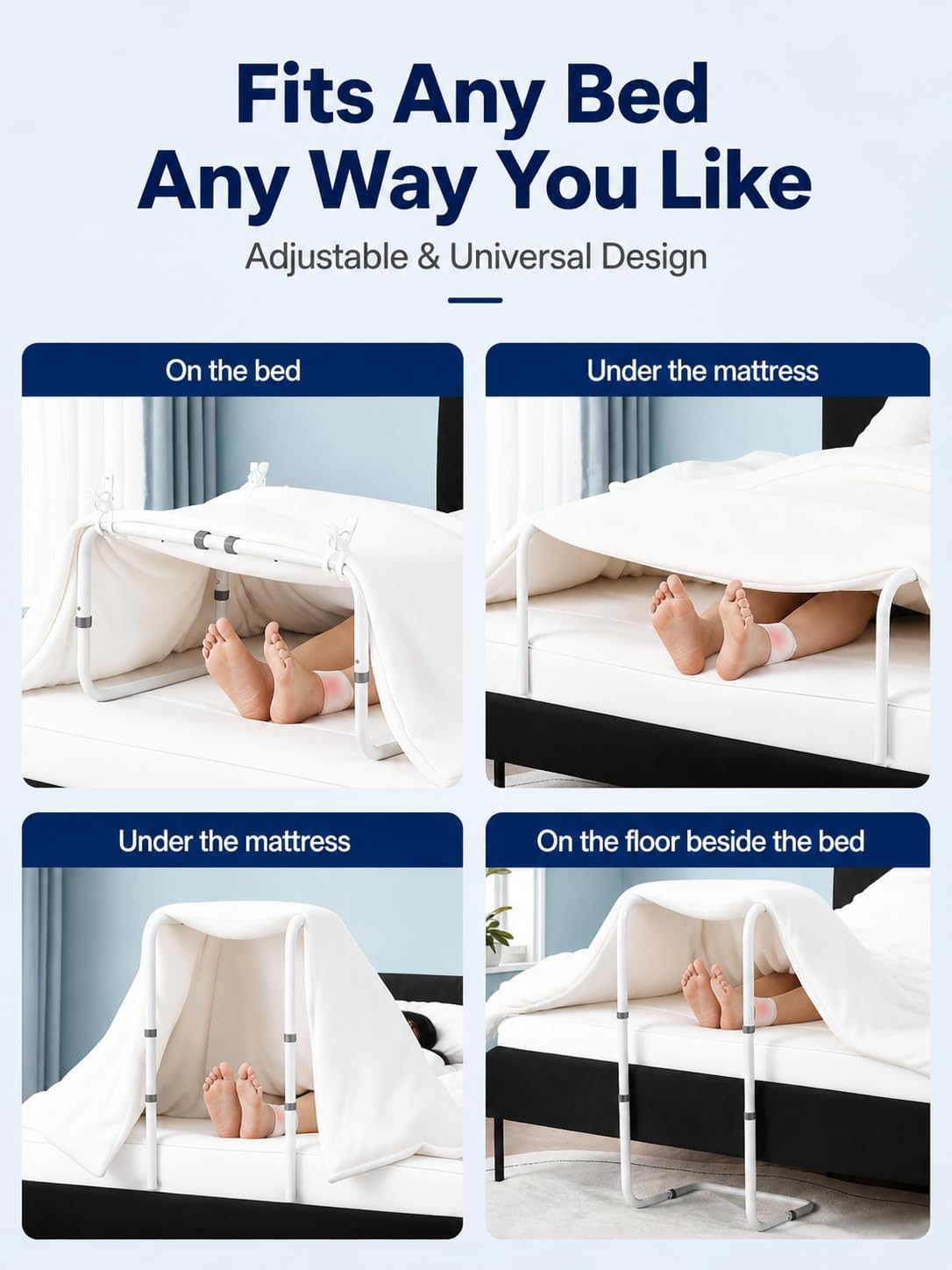 Adjustable Blanket Lifter for Feet with 4 Clips – Bed Cradle to Keep Blanket Off Your Legs, Universal Blanket Lifters for Foot of Bed, Height Adjustable Blanket Support Frame for Comfort & Recovery