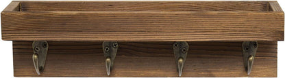 MyGift 10 Inch Brown Wood Wall Mounted Floating Shelf Key Rack with 4 Hooks | Four Metal Hooks, Space Saving Storage, Entryway Organization, Rustic Accent, Keys Mail Accessories Display