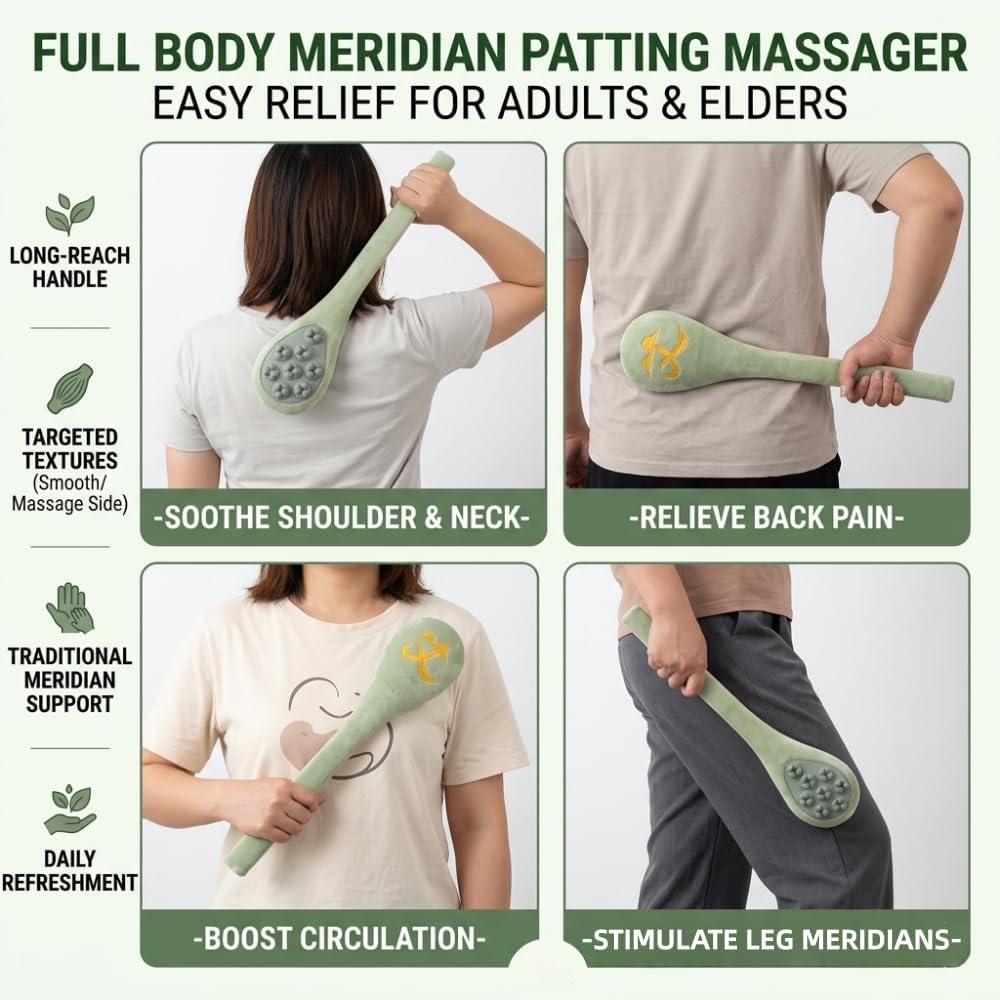 Manual Back Massager & Meridian Pat Stick, Extended Handle Body Percussion Tool for Seniors & Adults, Flexible Relaxing Hammer for Neck, Shoulder, Legs, Home & Office Use