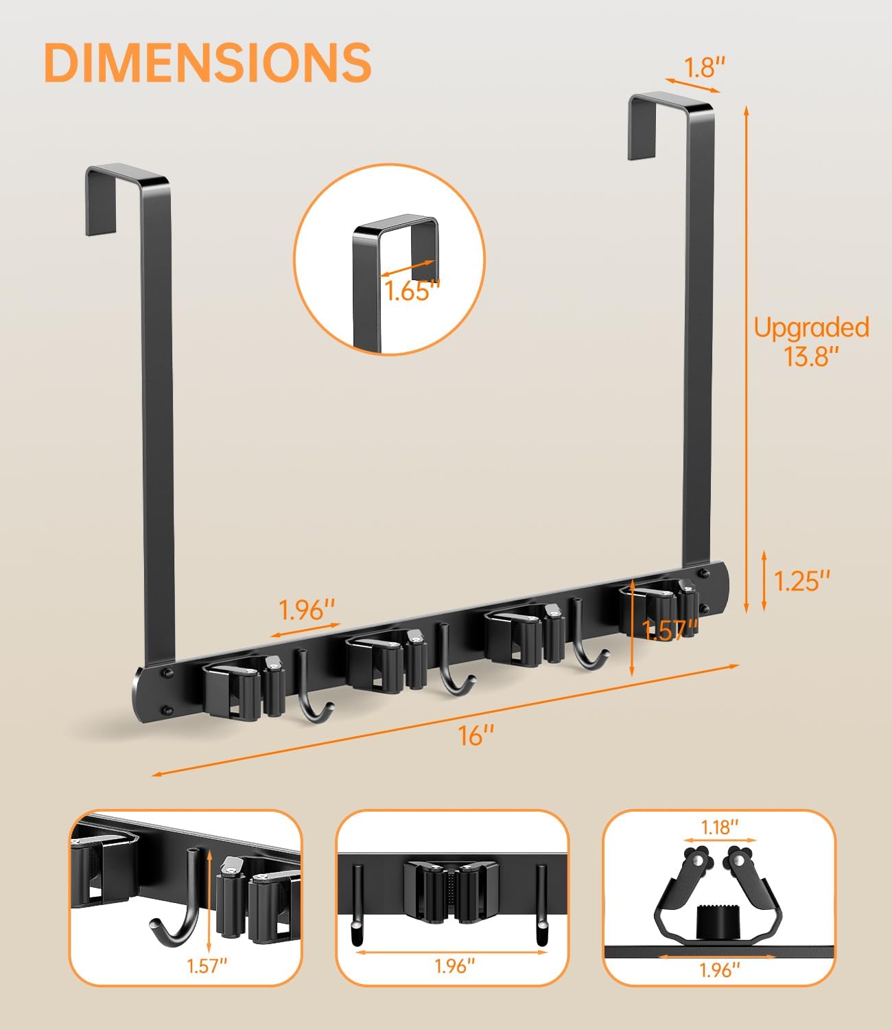 Broom Holder Over The Door with Hooks -304 Stainless Steel (Black) | Save Space, Anti-Rust & Sturdy, Mop and Broom Holder Wall Mounted or Hanging Over The Door, for Garage Laundry Kitchen