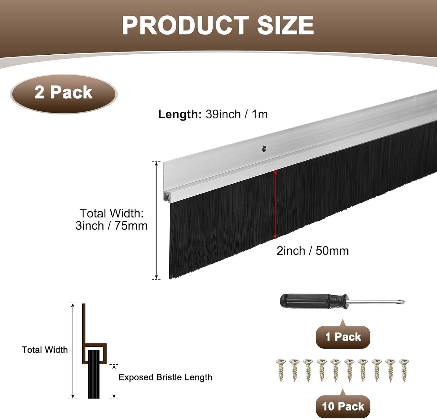 M METERXITY 2-Pack Door Brush Bottom Sweep, 39" L x 2.6" W H-Shape Aluminum Alloy Base with 1.6" Nylon Brush for Industrial/Home/Garage Door Seal, Strong Adhesive Weather Stripping Kit[Silver]