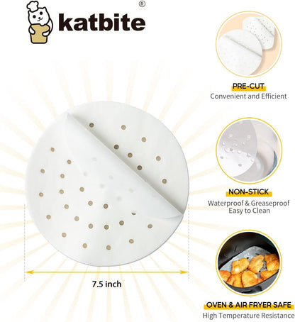 Katbite 160pcs Air Fryer Parchment Paper Liners, Perforated 9x11 Inch | Disposable air fryer paper liners, nonstick perforated for airflow, fit air fryer/toaster oven, Cuisinart & Ninja Foodi