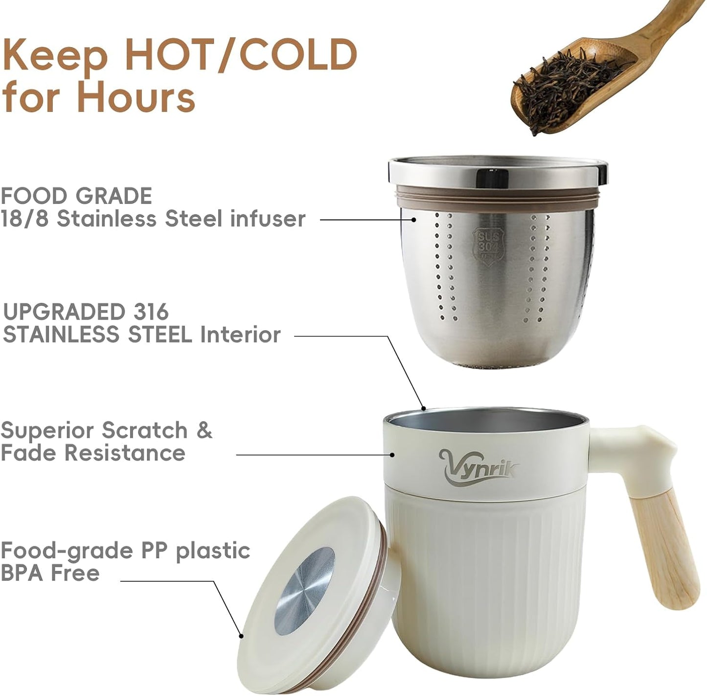 Tea Infuser Cup Doubles As Insulated Coffee Mug, Tea Cup With Lid And Handles, Removable Stainless Steel Tea Strainers For Loose Tea (Black)