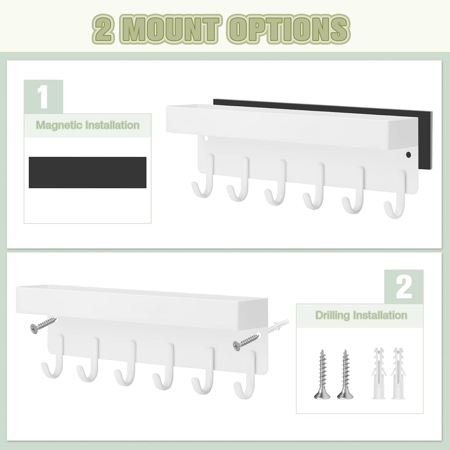VIS'V Key Holder Wall Mount, Magnetic Key Rack with Tray, 6 Hooks, Black | 2 Mount Options, Metal Material, Compact Discreet Design, for Fridge, Kitchen, Entryway, Hallway, Doorway, Garage, Camper