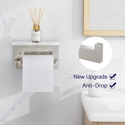 Gypie Toilet Paper Holder with Marble Shelf, Wall Mounted Matte Black | Toilet Roll Holder Black for Bathroom Washroom, Extended Base
