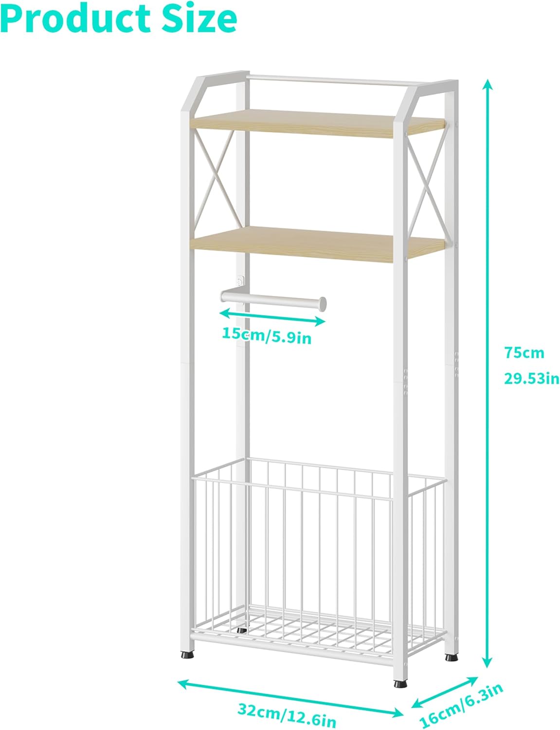 HapiRm Freestanding Toilet Paper Holder - 4-Tier Bathroom Tissue Organizer with Wood Shelves and Large Basket, Toilet Paper Holder Stand for Bathroom, Laundry Room, Apartment - Black（Large）