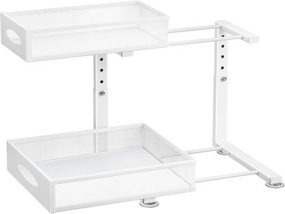 Under Sink Organizer, 2-Pack Pull Out Cabinet Organizer 2 Tier Metal Slide Out Storage Shelf Rack, L-Shaped Adjustable Height,Mesh Sliding Drawer for Kitchen, Bathroom, Laundry, Pantry, White, XL