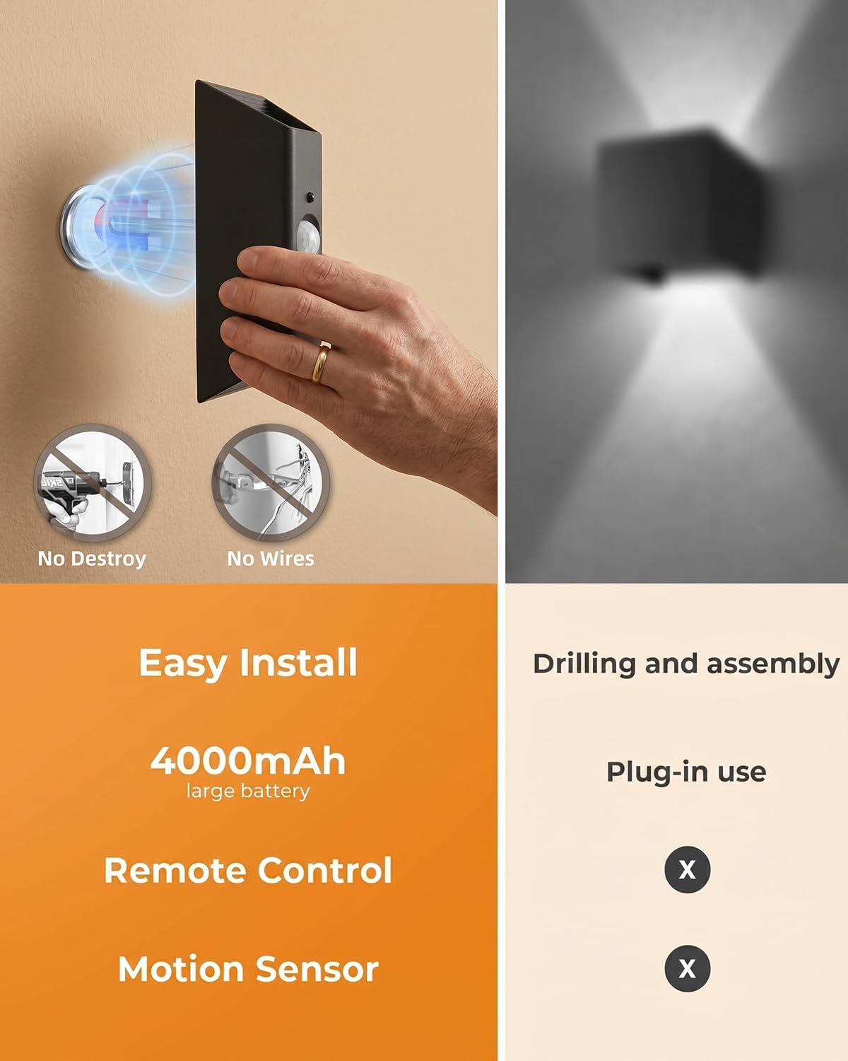 HOEOSE 2 Pack Motion Sensor Wall Light Rechargeable Wall Sconce with Remote | Battery Operated Wall Sconces, 3 Color Temps, Dimmable, Magnetic Wireless Wall Lamp for Hallway, Stair, Entryway, Renters