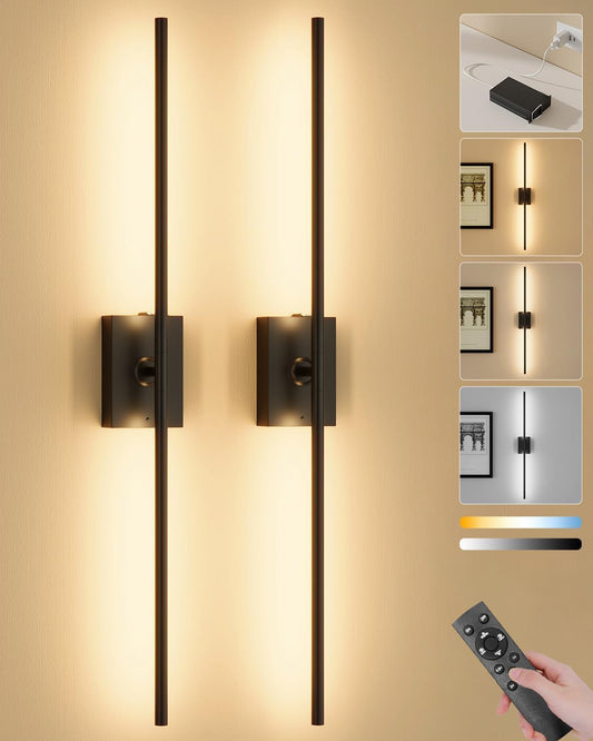 Battery Operated Wall Sconces Set of 2, Remote Control, 10000mAh, Black