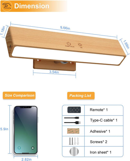 Rechargeable Wood Wall Lights with Remote & Touch, 5200mAh Battery Operated Wall Sconce 3 Color Temperatures & RGB. Magnetic, Stick-On, Dimmable Wall Reading Lamp for Bedroom, Living Room, Picture