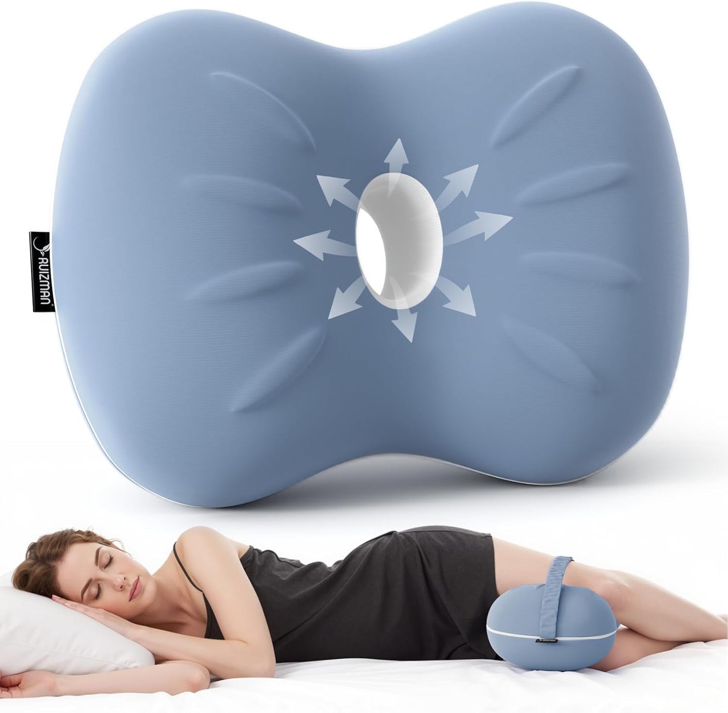 Knee Pillow for Side Sleepers - Cooling Pillow Between Legs for Side Sleeping - Memory Foam Knee Pillow with Strap for Hip Pain & Spine Alignment (Blue)