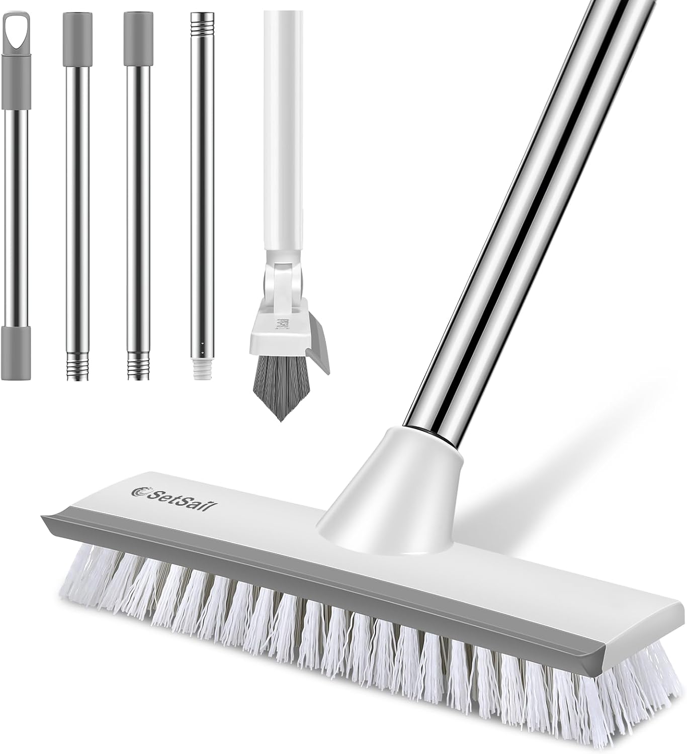 SetSail Floor Scrub Brush with 51-Inch Long Adjustable Handle 2 in 1 Scrape Brush Stiff Bristle Floor Scrubber for Cleaning Shower Bathroom Garage Kitchen Wall Deck Tub Tile | 2 in 1 Scrape Brush Stiff Bristle Floor Scrubber for Cleaning Shower Bathroom