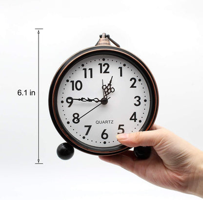 Retro Metal Table Clock Battery Operated Non-Ticking Silent Quartz Table Small Alarm Clock Desk Shelf HD Glass Clock for Kids Room (Arabic-550-12)