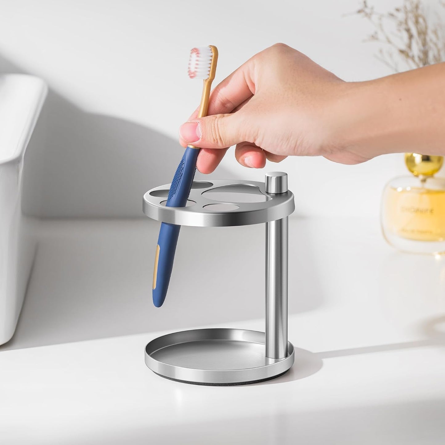 Metal Toothbrush Holder Stand for Bathroom: Stainless Steel Ventilated Organizer with Slots for Electric Toothbrushes, Toothpaste, Razors & Small Comb, Unique Footprint Base Design, Black
