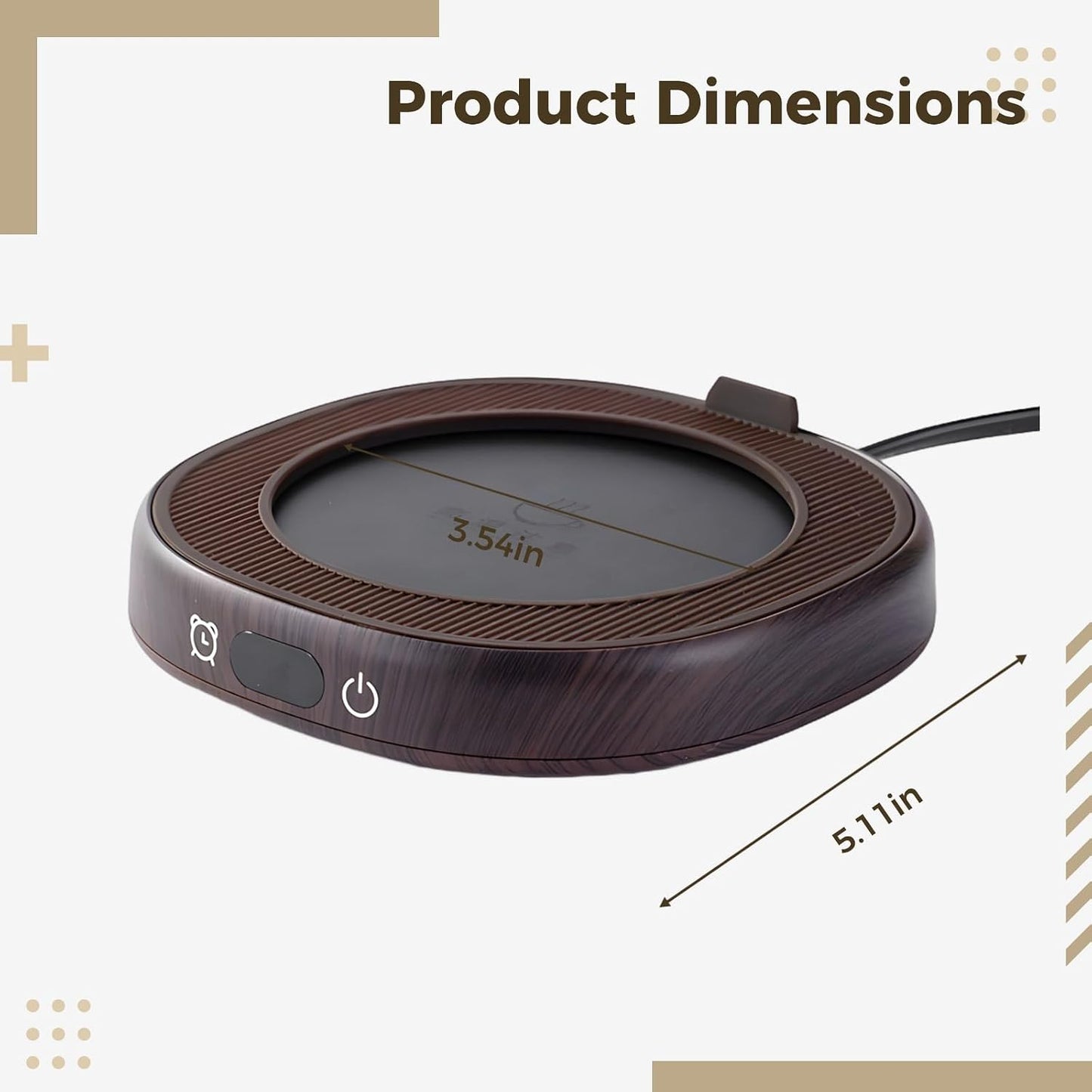 Electric Mug Warmer with 4 Temperature Settings and Auto Shut Off, 25W Wood Grain Beverage Warmer for Desk, UL/CE Certified, 5.1 x 5.1 in / 130 x 130 cm