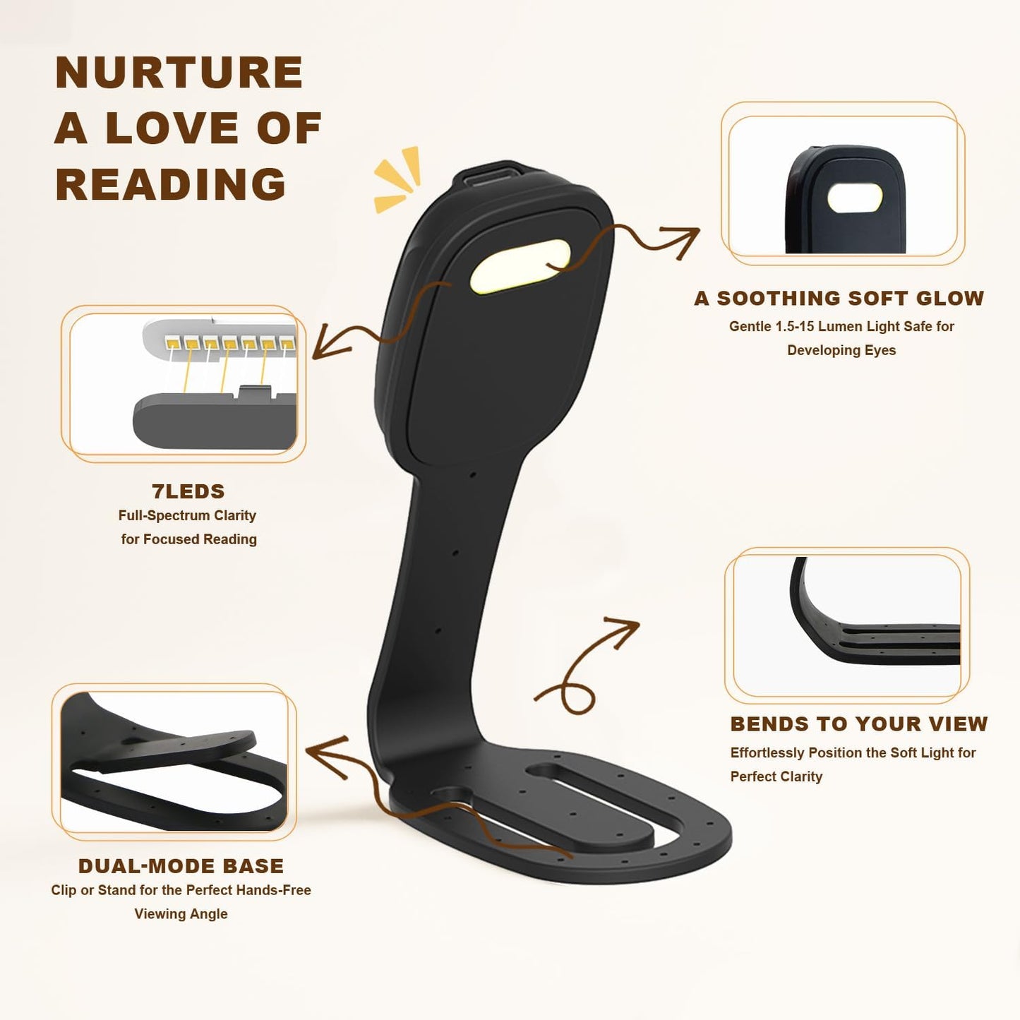 Rechargeable Kids Book Light, Cute Bookmark Reading Light for Kids, Dimmable Portable LED Book Light for Reading in Bed, Eye-Caring Bedtime Reading Lamp for Children & Travel, Brown