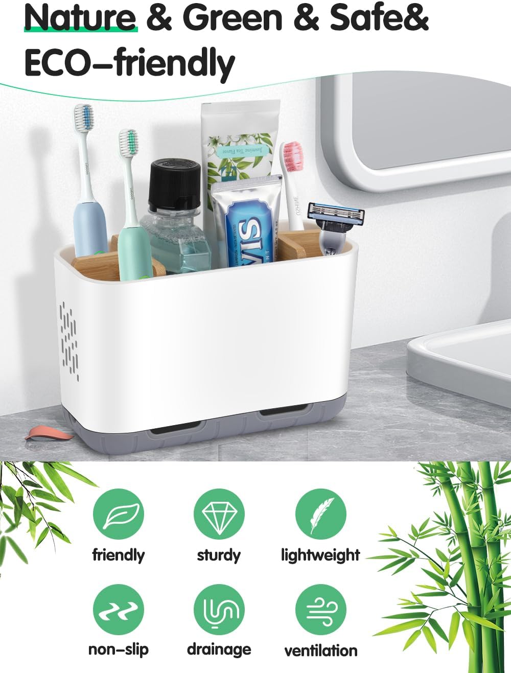 GFWARE Toothbrush Holders for Bathrooms - Bamboo Divider Toothbrush and Toothpaste Holder with Drainage, Kids Electric Toothbrush Organizer for Bathroom Countertop, White Tooth Brush Holder | 5 Slots Toothbrush and Toothpaste Holder with Bamboo Divider,