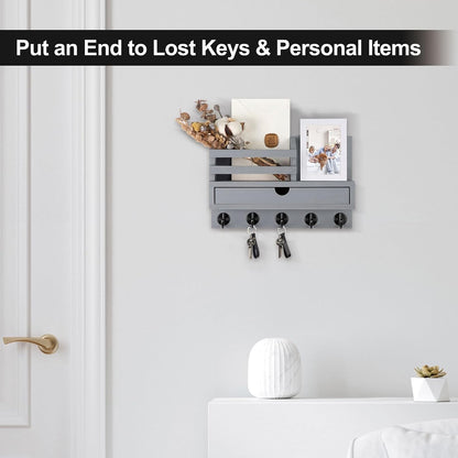 Key Holder Wall Mount, Mail Holder with Storage Drawer | Key and Mail Holder with 5 Key Hooks for Coat, Dog Leash, Home Decor Rack, House Accessories, Entry Way Organizer