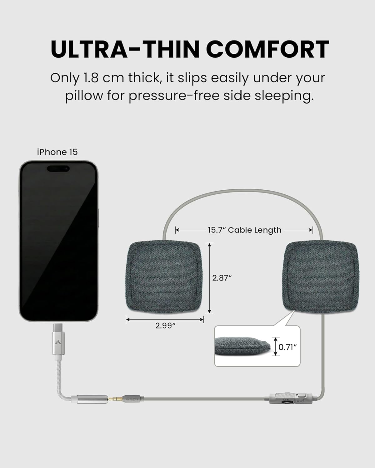 Avantree Slumber Mini - Wired Pillow Speaker for Sleeping | Soft Bedtime Audio, No Charging Needed, In-Line Volume Control, USB-C & AUX, Sleep Audio for Podcasts & Audiobooks