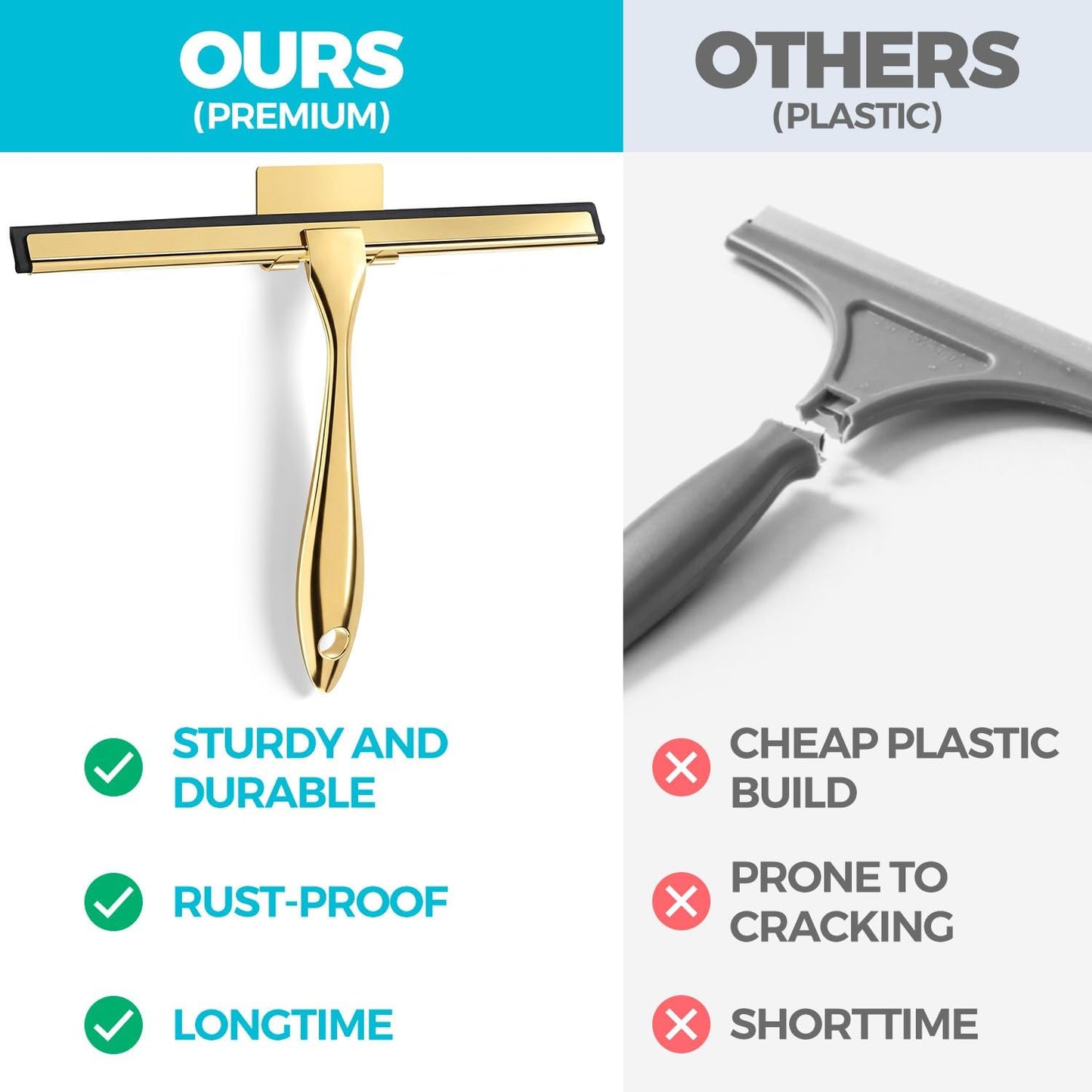 2pcs Shower Squeegee for Glass Doors with Adhesive Hanging Hook Set | 10” Silver, Bathroom Accessories, Window Cleaner, New Home Essentials, Soft Rubber Blade, Metal Handle, Ergonomic Grip