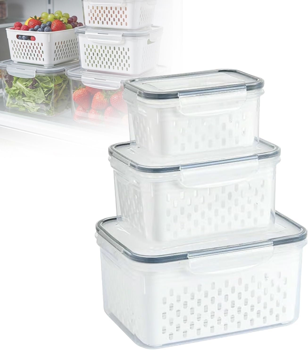 Food Storage Containers for Fridge with Removable Colander,Leakproof Food Storage Containers,Dishwasher Safe Produce Saver, Keep Berry Fruit Fresh Longer (850ml*1)