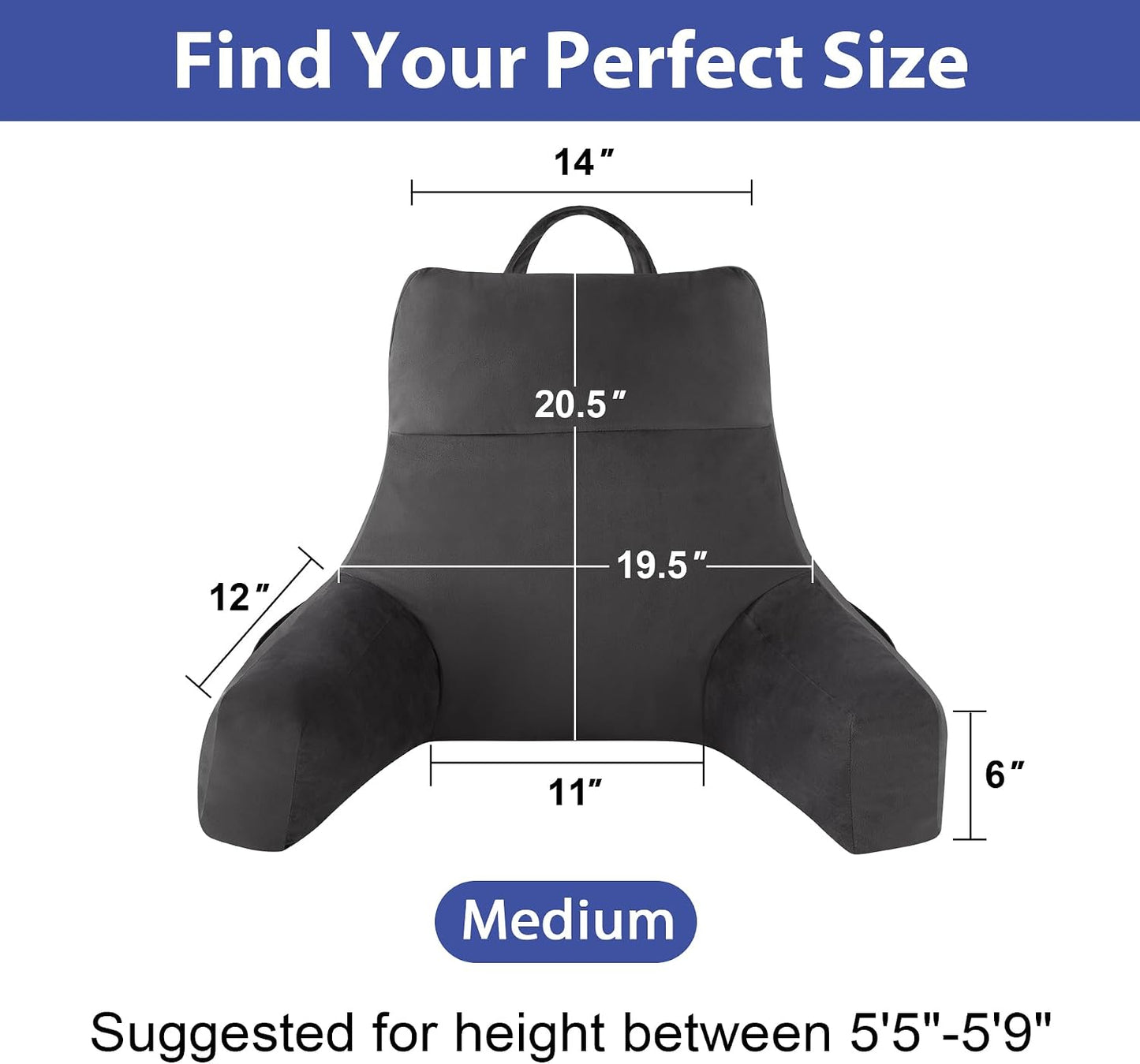 IPYNBAP Back Pillow for Bed Sitting up, Reading Pillow for Sitting in Bed Adult, Back Support Pillow, Memory Foam Sit up Lounge Backrest Pillow with Arms for TV, Couch, Chair, Dorm, 18 Inch, Grey