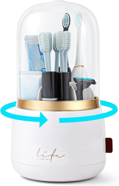 Toothbrush Holders, Toothbrush Holders for Bathrooms, Makeup Brush Holder | Toothbrush and Toothpaste Holder, Rotatable Toothbrush Holder with Transparent Dust Cover, Multi Drainage Vent Holes