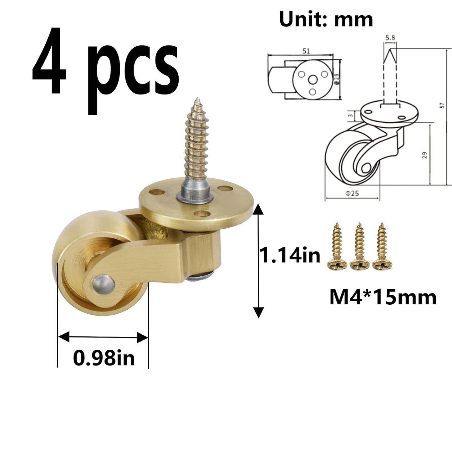 Semetall 4PCS Swivel Caster Wheels Square Cup Furniture Castors (Bronze) | 150kg Load Capacity, with Screws for Piano Feet, Sofa, Table, 1.02 Inch (26mm) Wheels