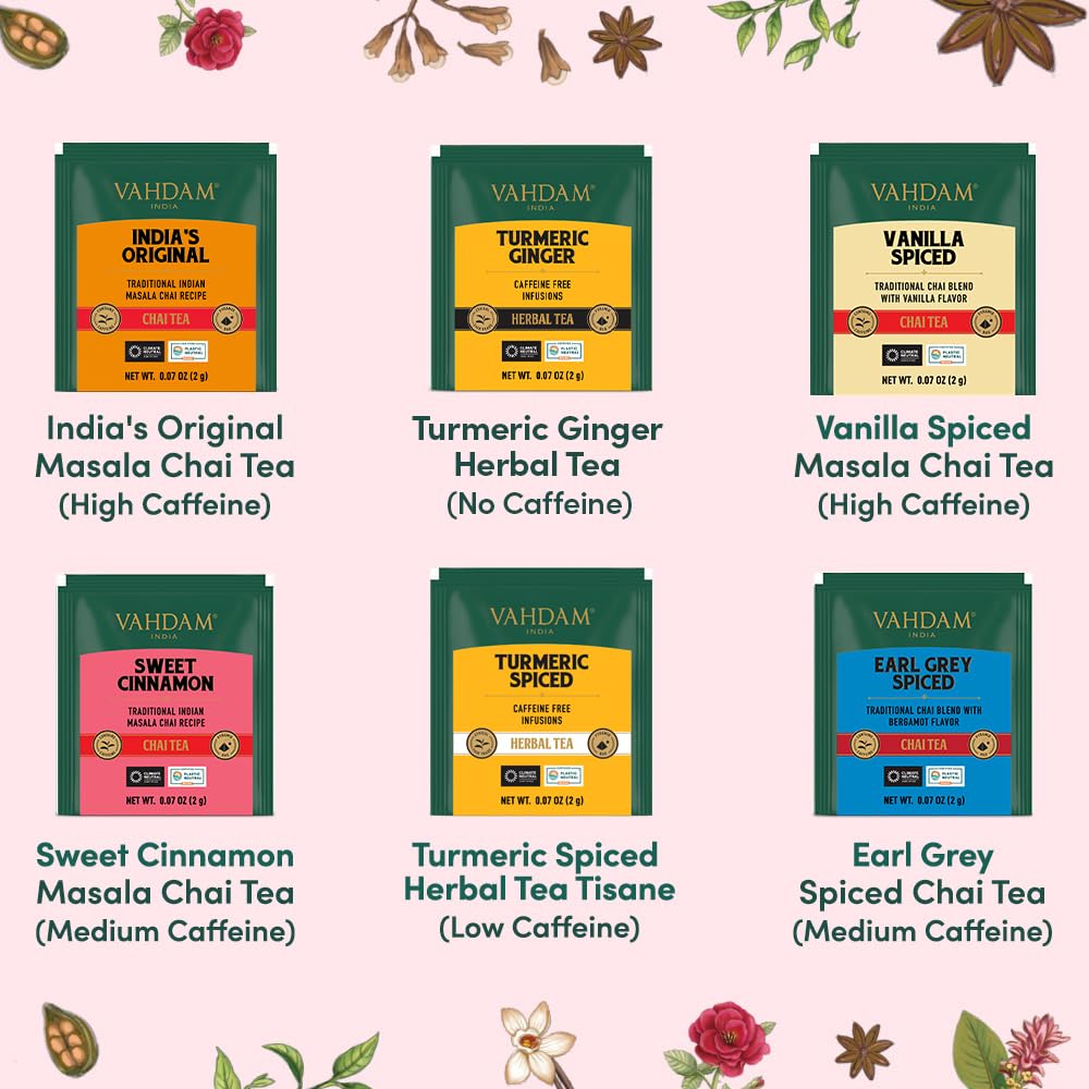VAHDAM, Assorted Herbal Tea Sampler (18 Tea Bags, 9 Flavors) Caffeine-Free, Non-GMO | Double Infusion, Individually Enveloped Tea Bags | Herbal Tea Assortmen