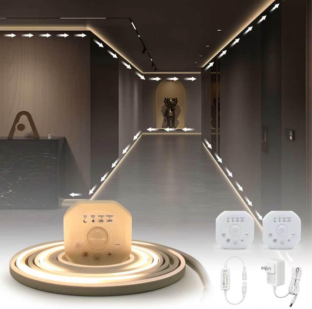 Motion Sensor LED Strip Lights - Chasing Effect Auto ON/Off for Stairs, Bedroom, Under Cabinet - 16.4ft White, Intelligent Motion Sensor Stair Lights