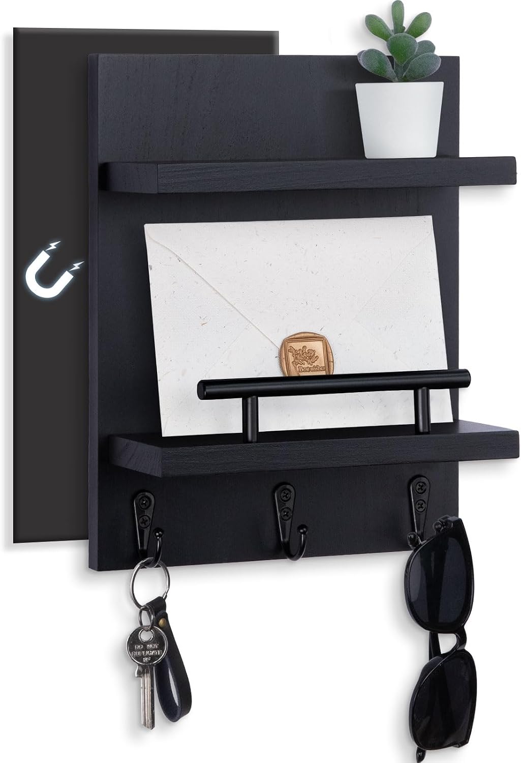 Key Holder Wall Mount, Mail Shelf Decor with 3 Key Hooks, Versatile Wood Wall Organizer for Entryway Hallway (8.2” x 10.6”x 3.6”) (White) | Farmhouse Key Hanger Holds Dog Leash, Sunglasses – Decorative Mail Organizer Home Decor