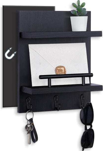 Key Holder Wall Mount, Mail Shelf Decor with 3 Key Hooks, Versatile Wood Wall Organizer for Entryway Hallway (8.2” x 10.6”x 3.6”) (White) | Farmhouse Key Hanger Holds Dog Leash, Sunglasses – Decorative Mail Organizer Home Decor
