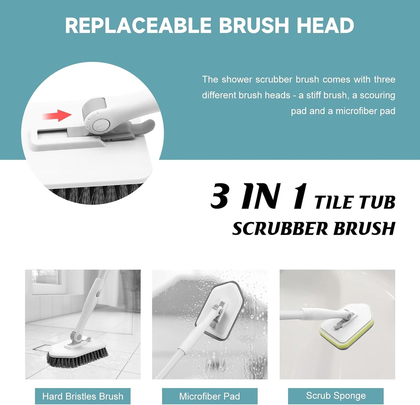 nacena Shower Scrubber with Long Handle, 4 in 1 Tile Tub Scrubber Brush with 3 Detachable Cleaning Heads and V-Shaped Grout Brush Shower Cleaner Brush for Bathroom Kitchen Toilet Tub Sink Wall, Black
